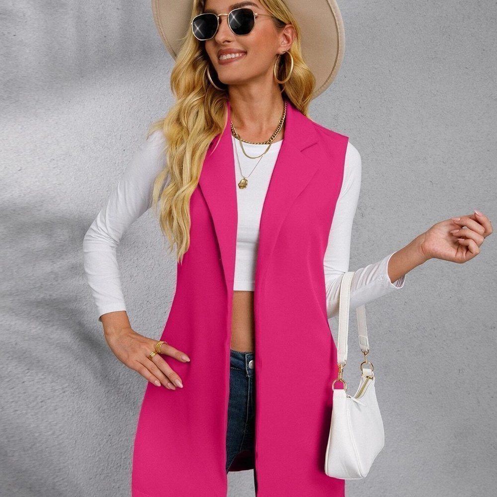 Hot Pink Preppy Womens Solid Lapel Collar Open Front Vest Blazer - Picture 4 of 5